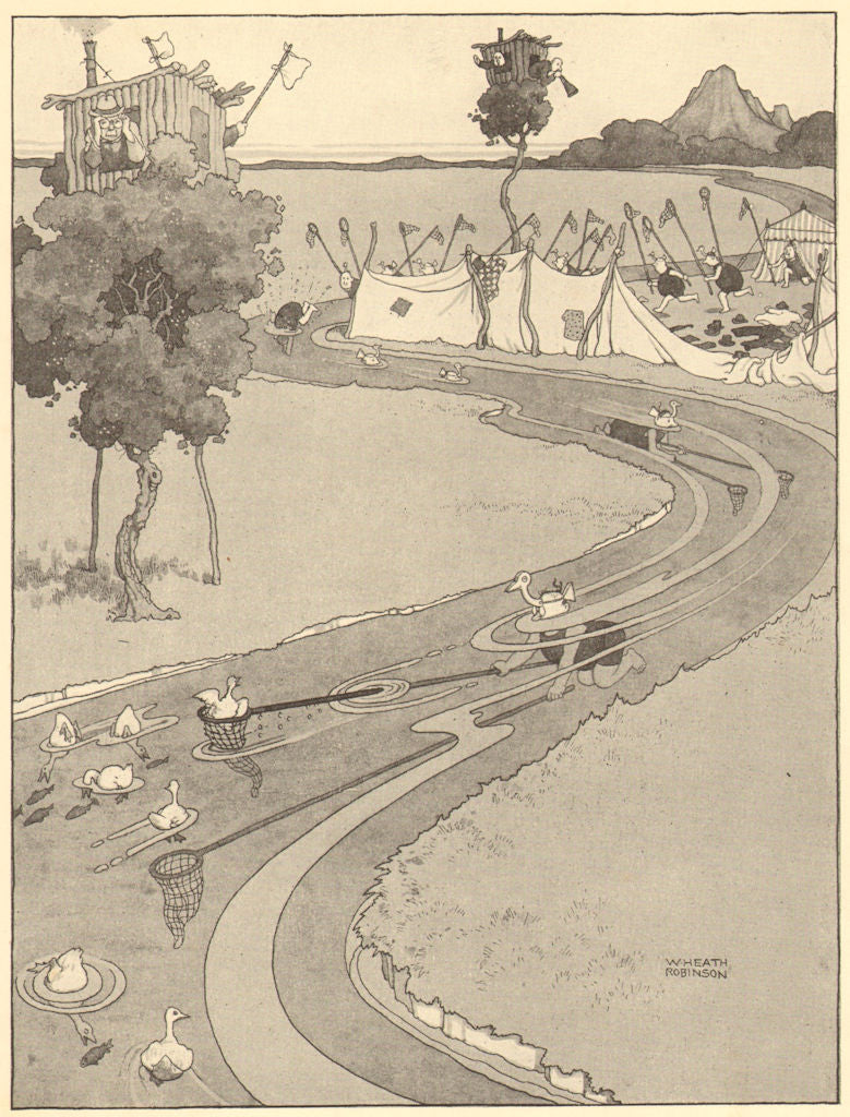 HEATH ROBINSON. Widgeon bluffing on the roaring fork. Bird catching 1935 print